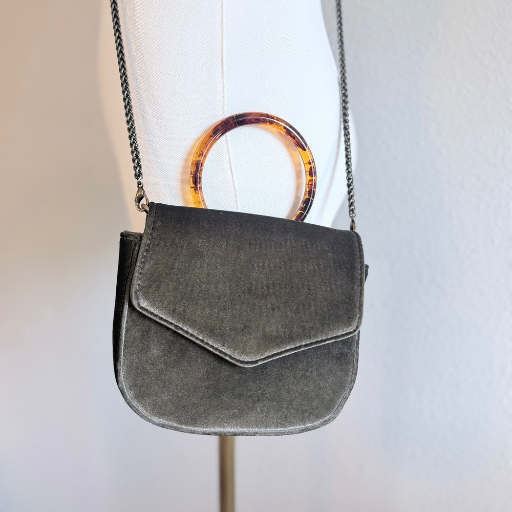 Anthropologie Olive Green Velvet Crossbody Bag Tortoise Ring Handle Boho Classic
